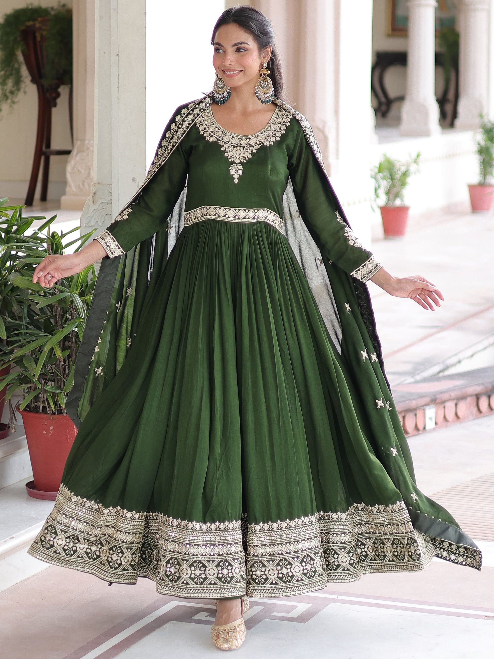 Aesthetic Green Sequins Work Silk Mehendi Wear Gown With Dupatta