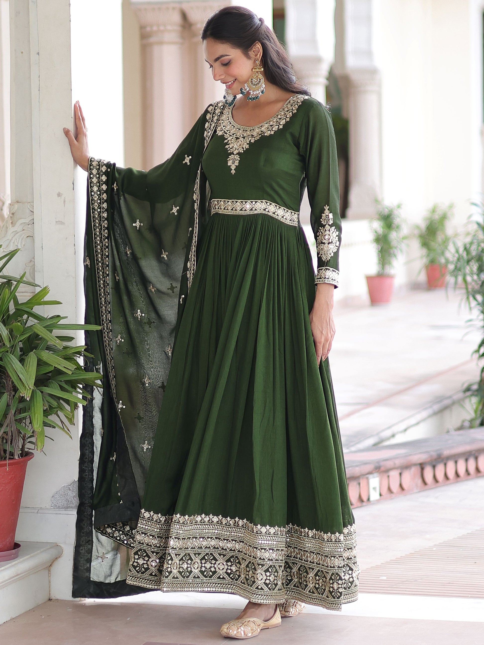 Aesthetic Green Sequins Work Silk Mehendi Wear Gown With Dupatta