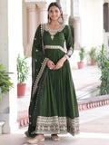 Aesthetic Green Sequins Work Silk Mehendi Wear Gown With Dupatta