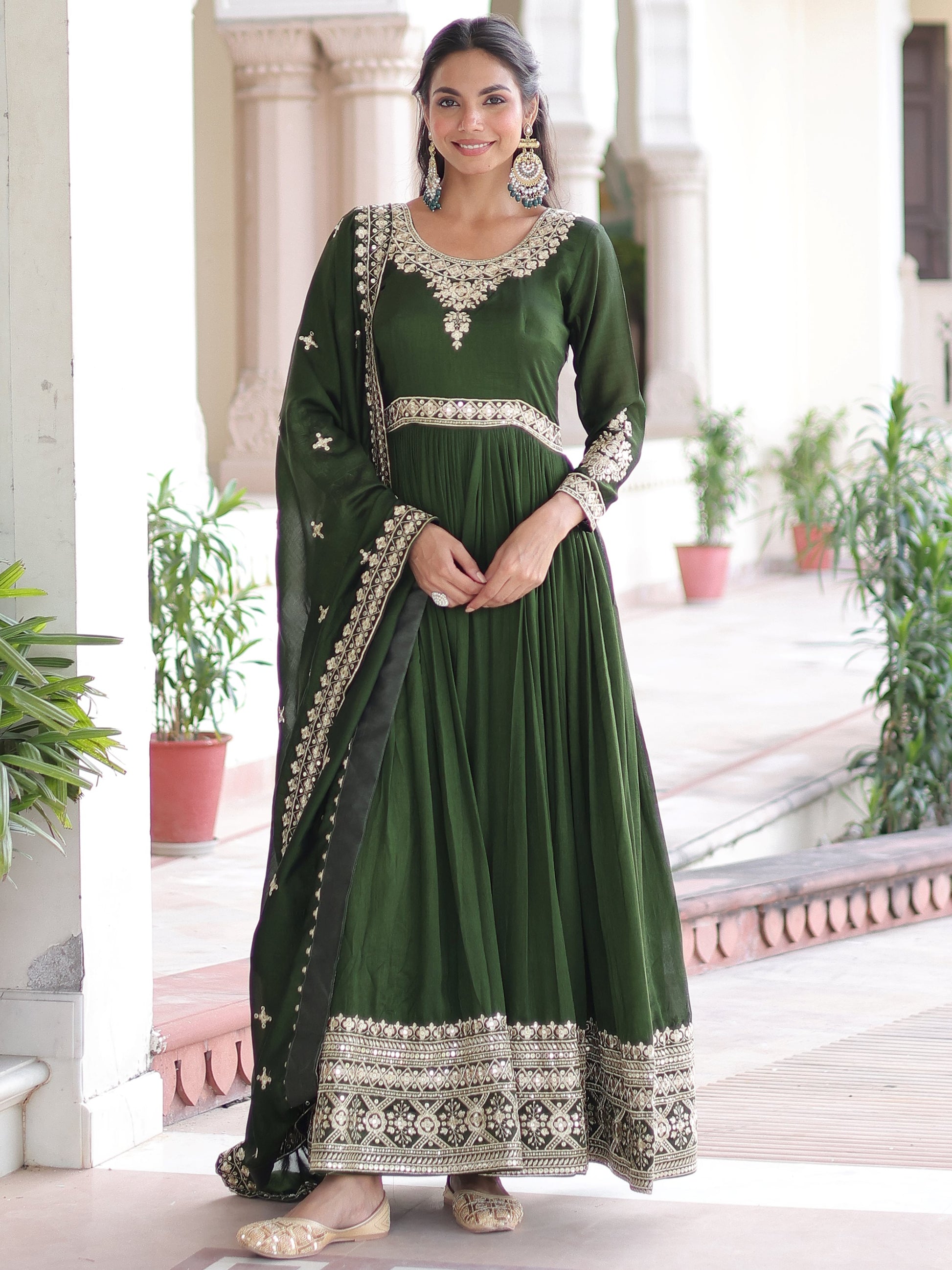 Aesthetic Green Sequins Work Silk Mehendi Wear Gown With Dupatta