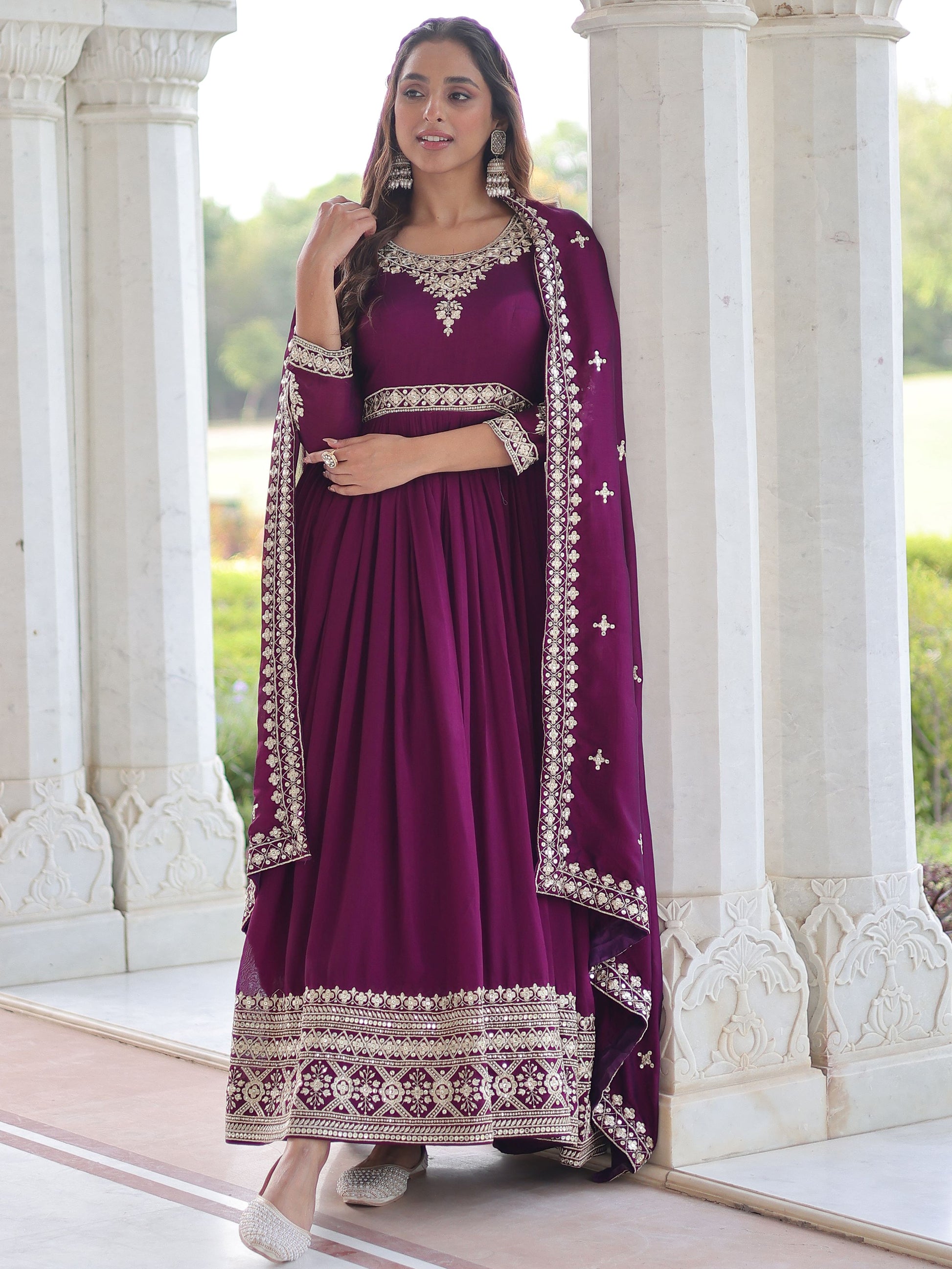 Precious Wine Sequins Silk Function Wear Gown With Dupatta