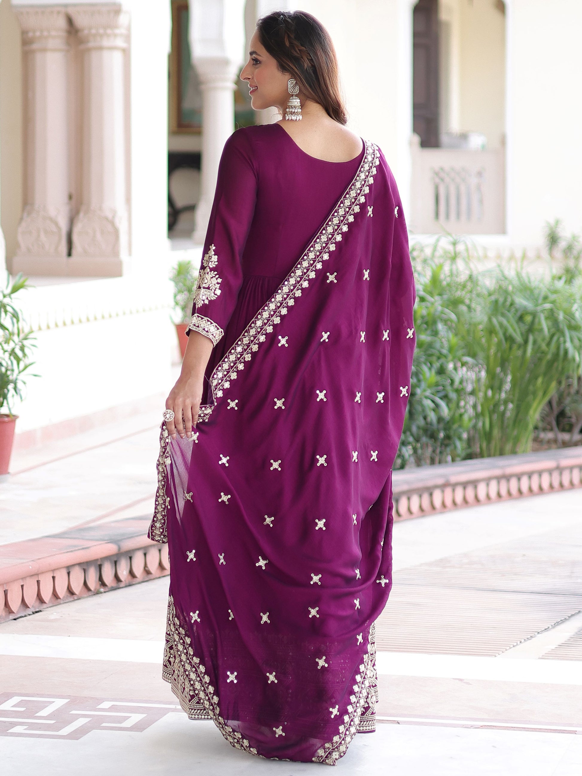 Precious Wine Sequins Silk Function Wear Gown With Dupatta