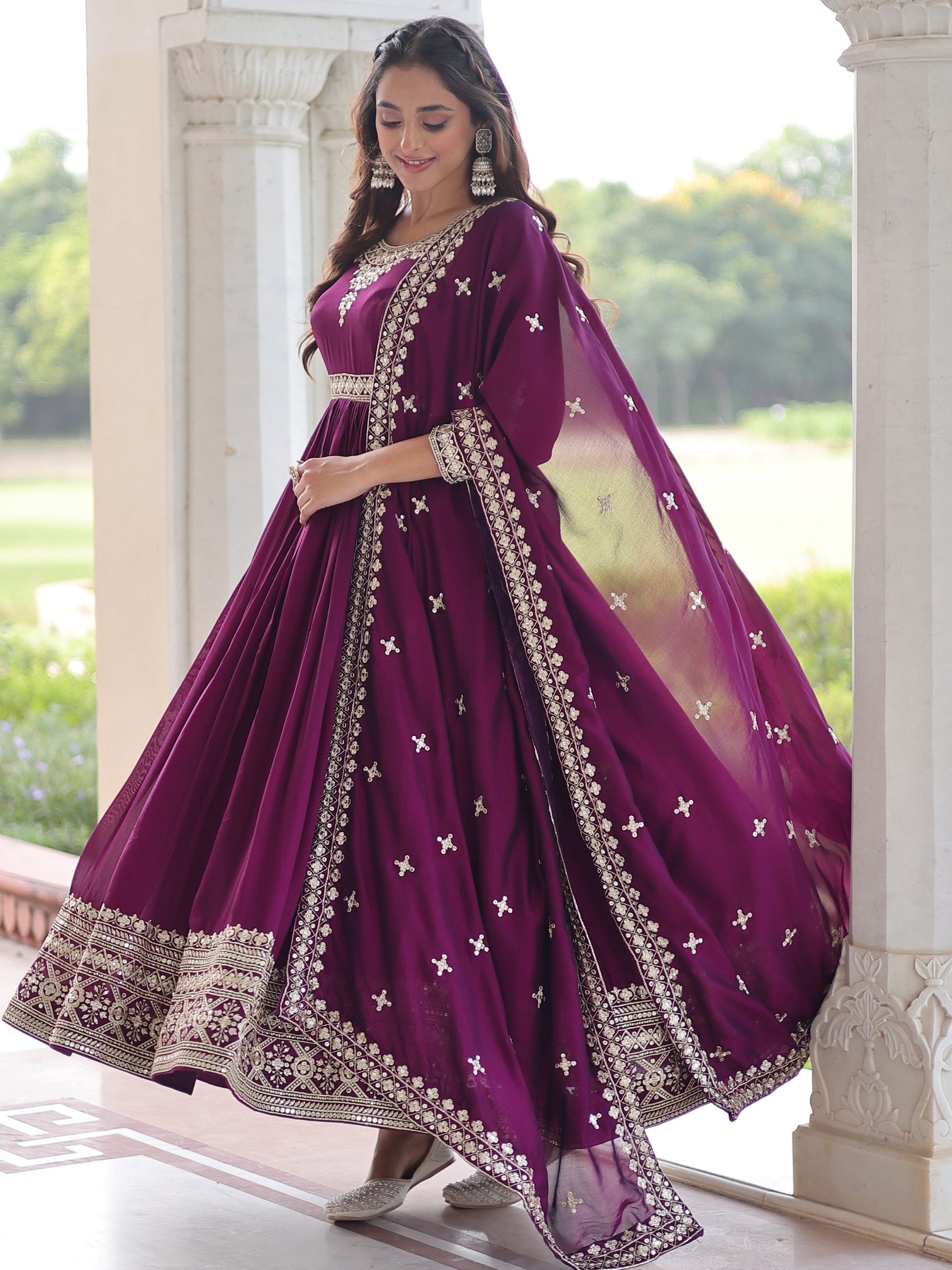 Precious Wine Sequins Silk Function Wear Gown With Dupatta