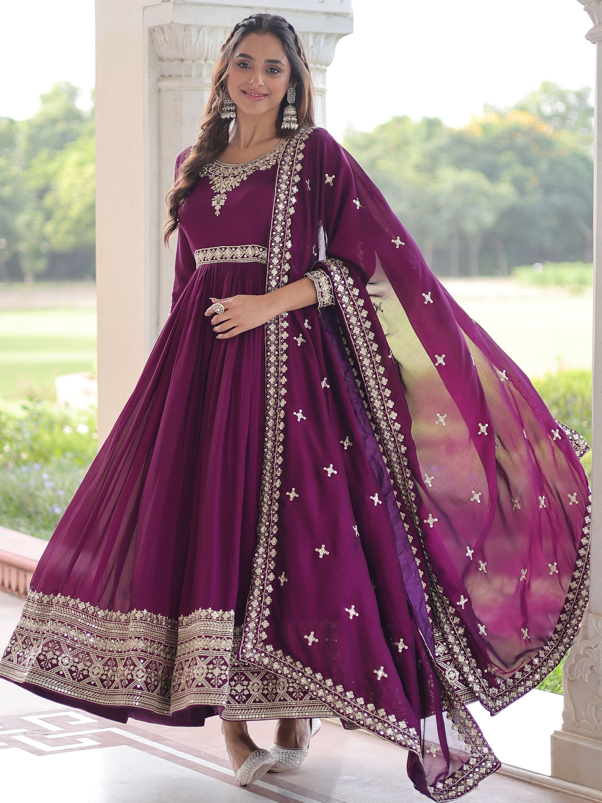 Precious Wine Sequins Silk Function Wear Gown With Dupatta