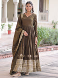 Enchanting Olive Green Embroidered Silk Mehendi Wear Gown With Dupatta