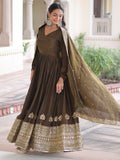 Enchanting Olive Green Embroidered Silk Mehendi Wear Gown With Dupatta