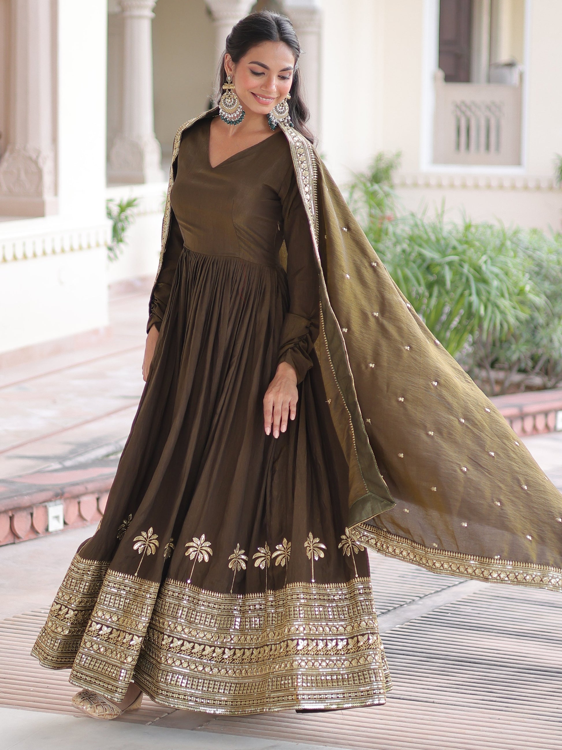 Enchanting Olive Green Embroidered Silk Mehendi Wear Gown With Dupatta