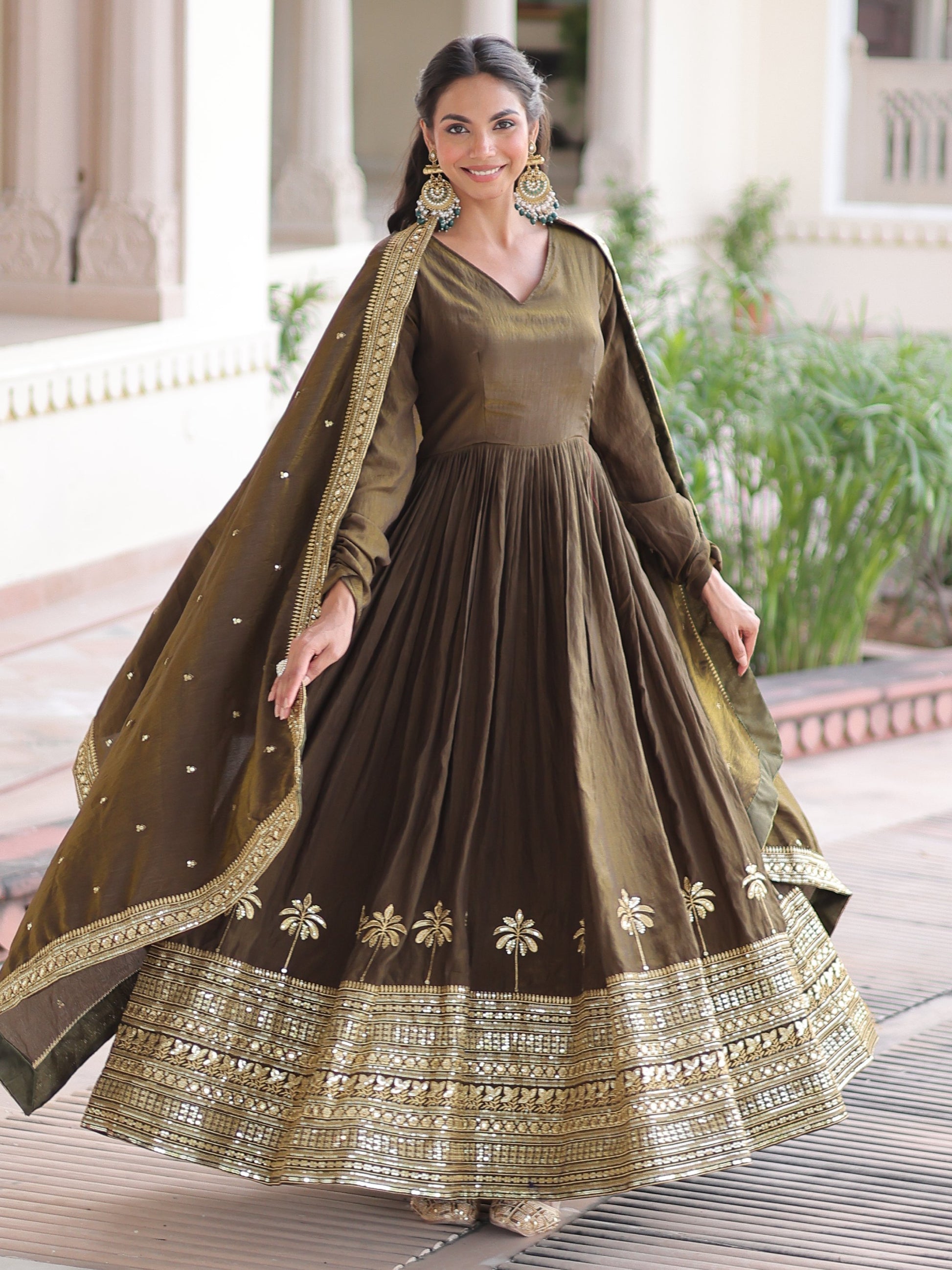 Enchanting Olive Green Embroidered Silk Mehendi Wear Gown With Dupatta