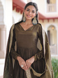 Enchanting Olive Green Embroidered Silk Mehendi Wear Gown With Dupatta