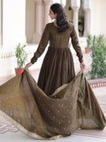 Enchanting Olive Green Embroidered Silk Mehendi Wear Gown With Dupatta