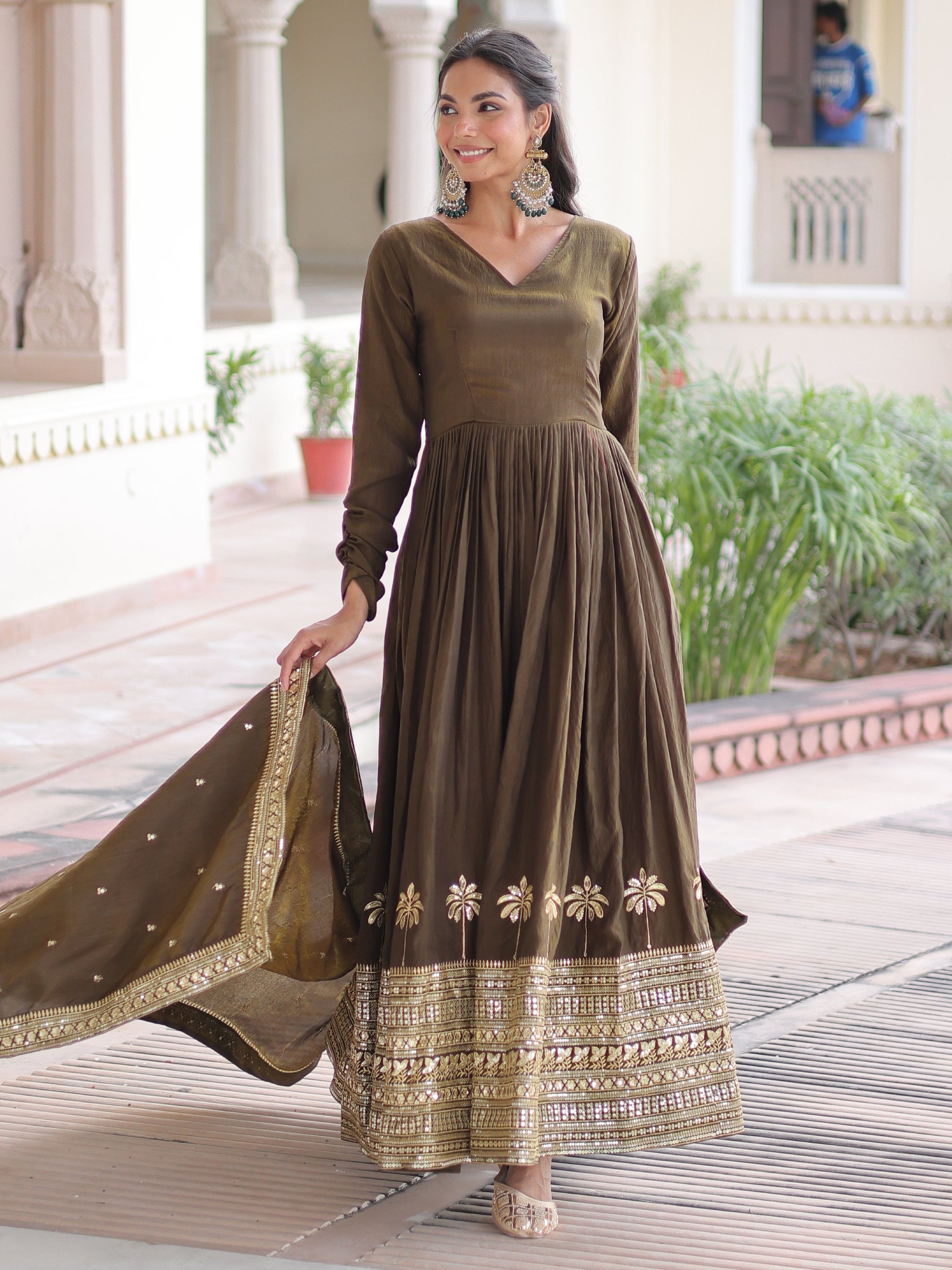 Enchanting Olive Green Embroidered Silk Mehendi Wear Gown With Dupatta