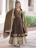 Enchanting Olive Green Embroidered Silk Mehendi Wear Gown With Dupatta