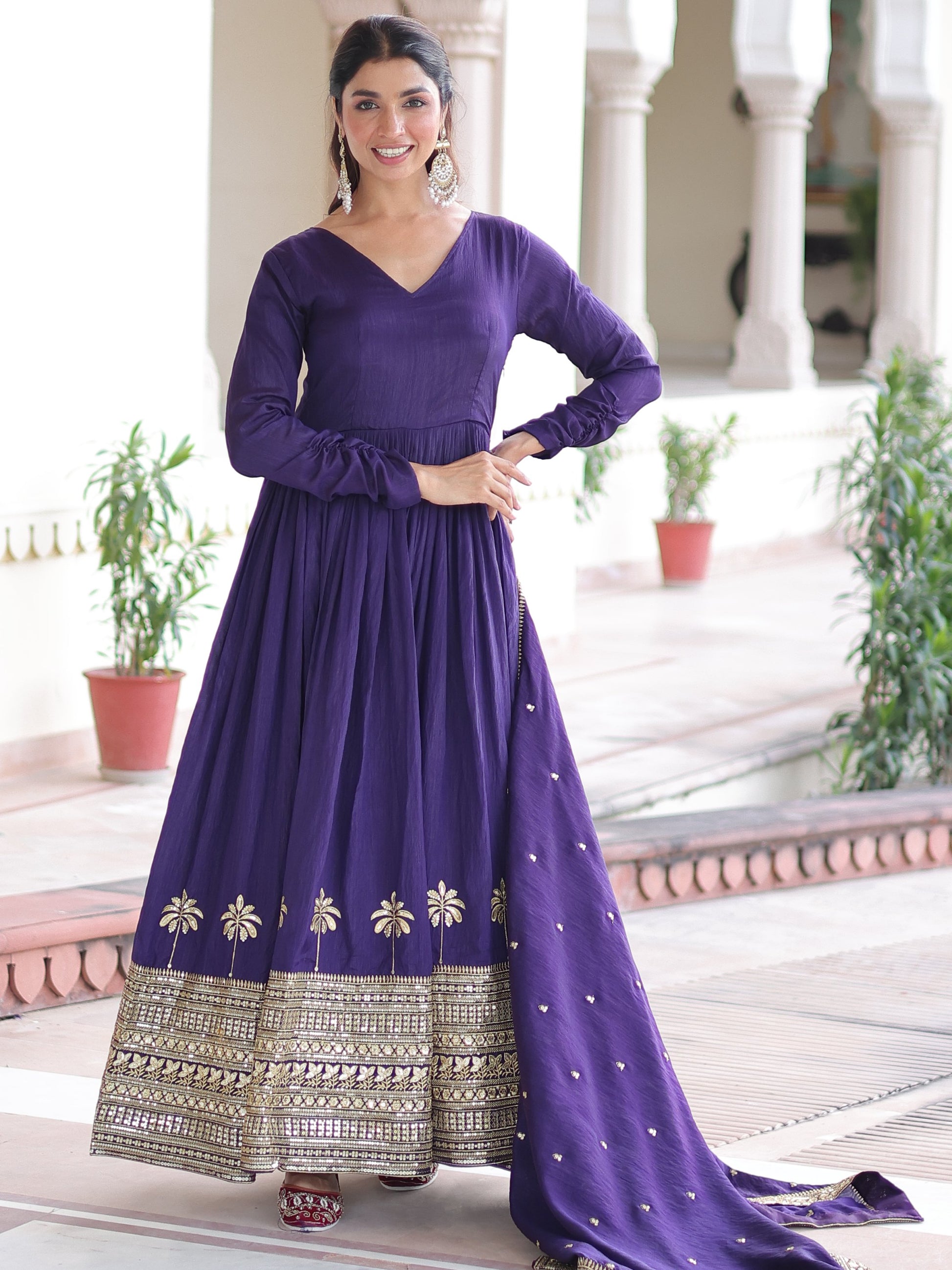 Awesome Purple Sequins Work Silk Festive Wear Gown With Dupatta