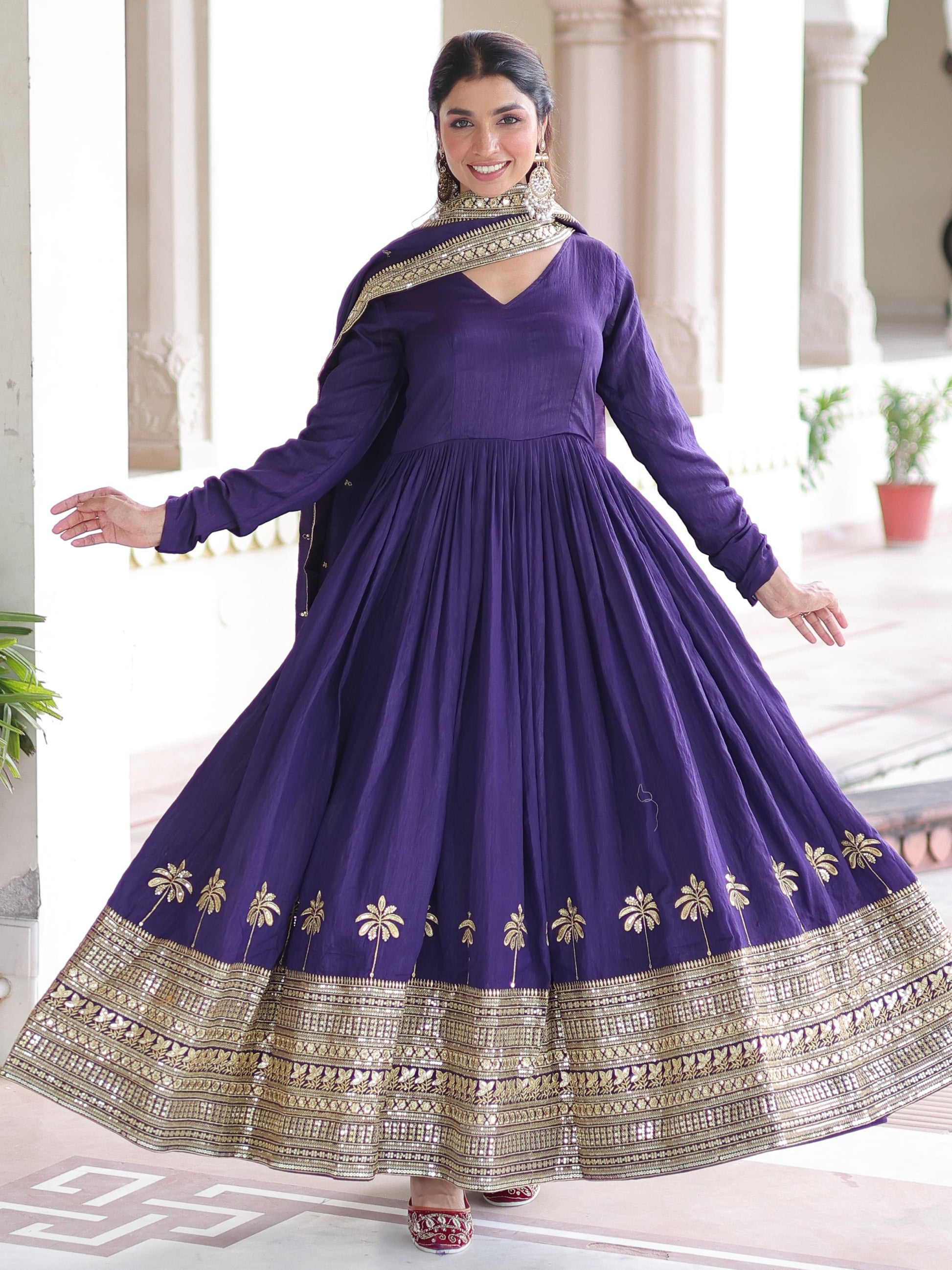 Awesome Purple Sequins Work Silk Festive Wear Gown With Dupatta