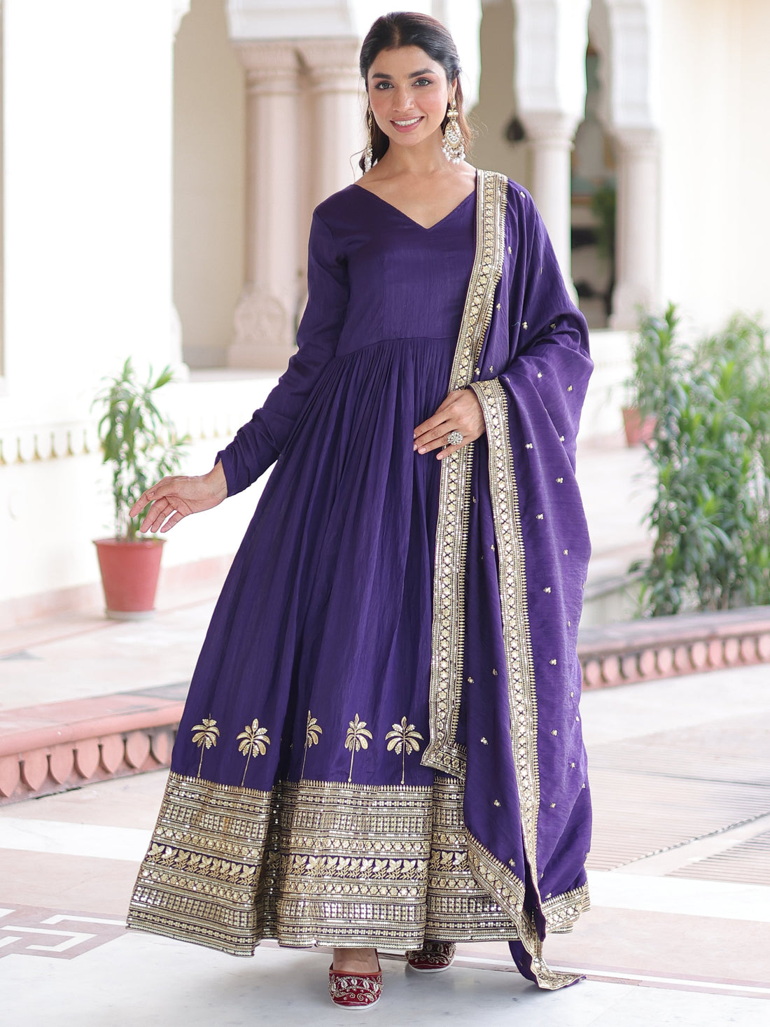 Awesome Purple Sequins Work Silk Festive Wear Gown With Dupatta