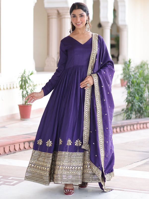 Awesome Purple Sequins Work Silk Festive Wear Gown With Dupatta