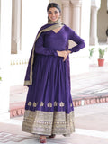Awesome Purple Sequins Work Silk Festive Wear Gown With Dupatta