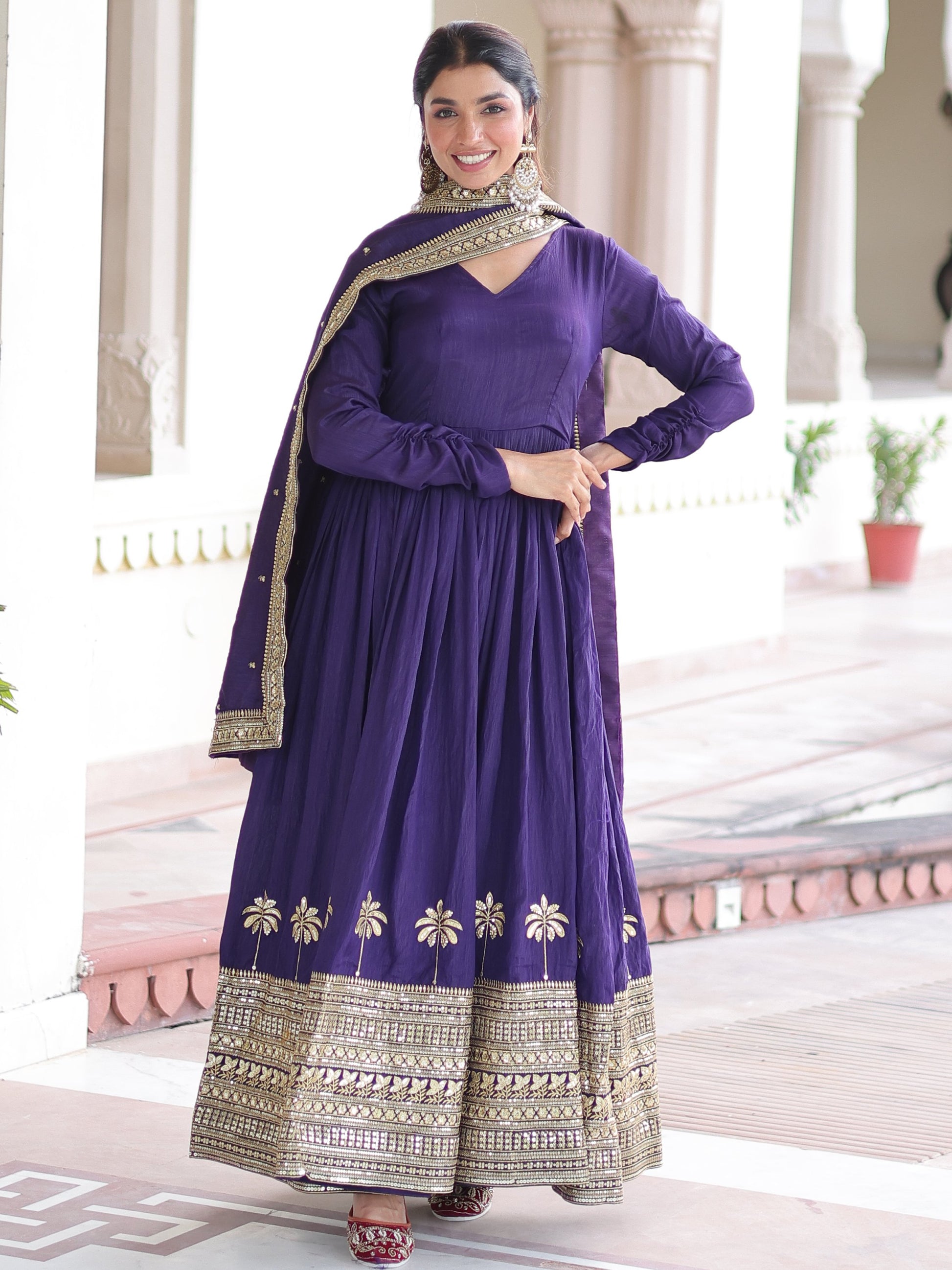 Awesome Purple Sequins Work Silk Festive Wear Gown With Dupatta