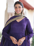 Awesome Purple Sequins Work Silk Festive Wear Gown With Dupatta