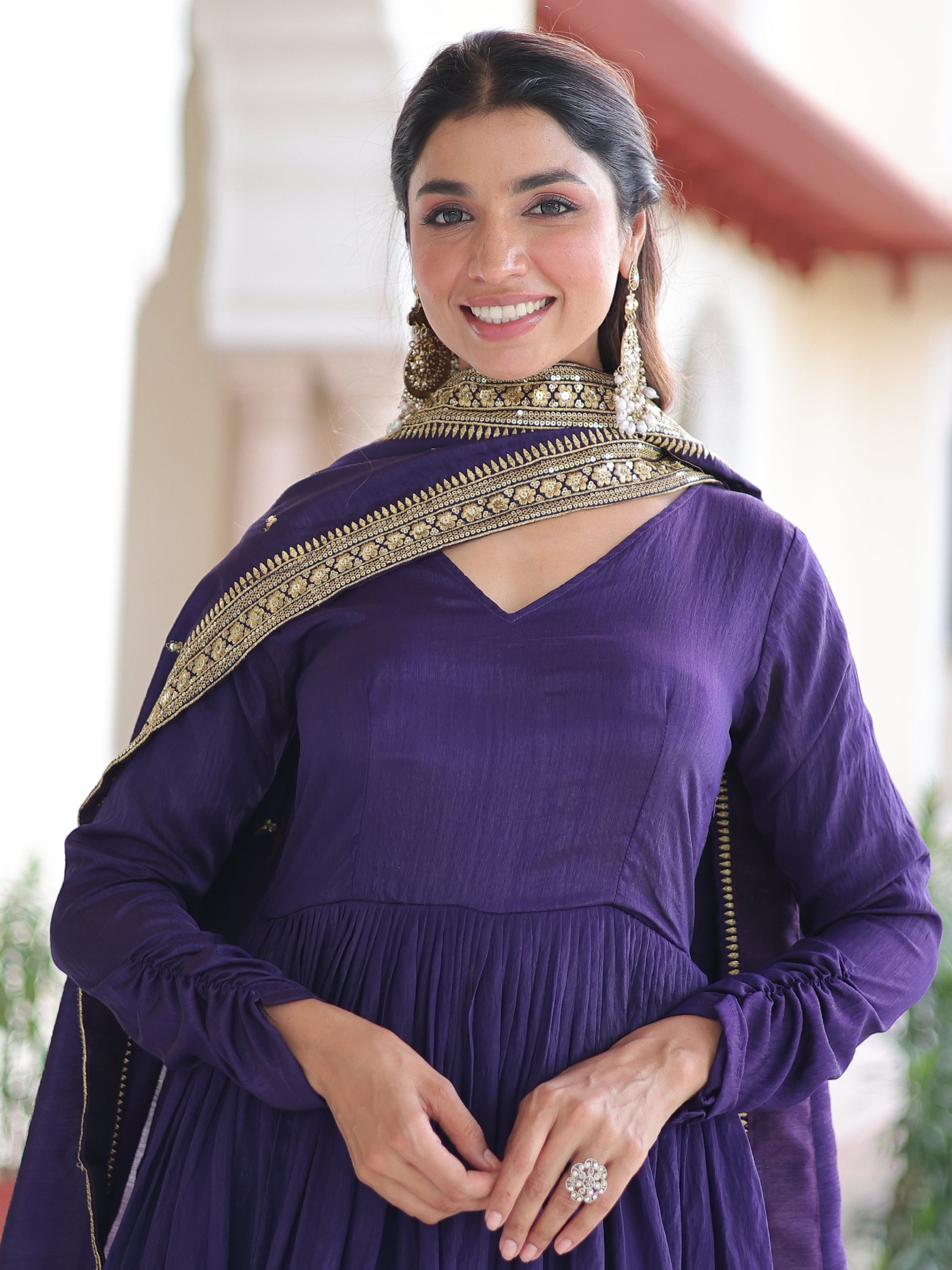 Awesome Purple Sequins Work Silk Festive Wear Gown With Dupatta
