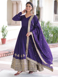 Awesome Purple Sequins Work Silk Festive Wear Gown With Dupatta