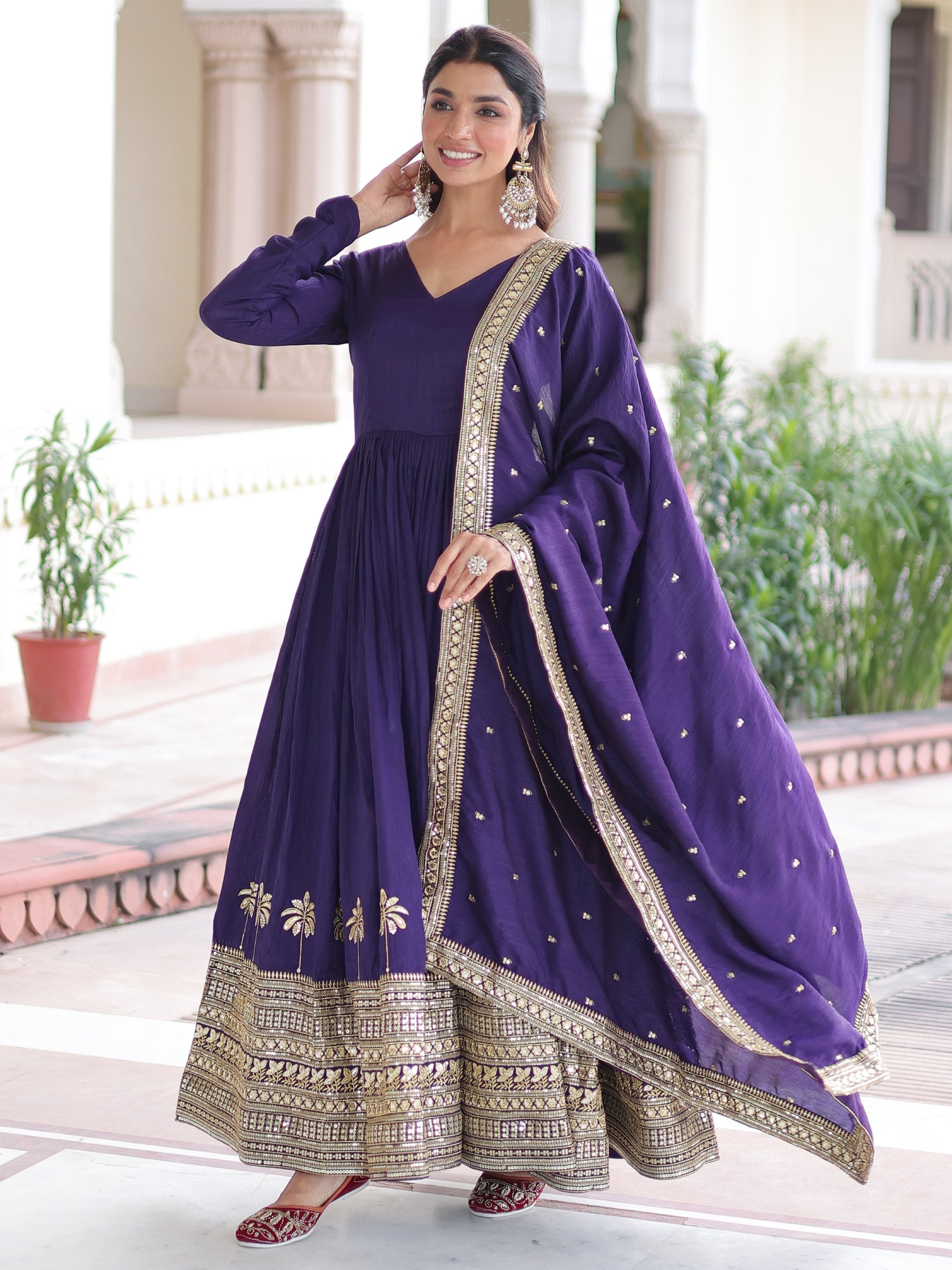 Awesome Purple Sequins Work Silk Festive Wear Gown With Dupatta