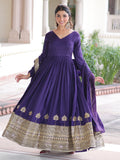 Awesome Purple Sequins Work Silk Festive Wear Gown With Dupatta