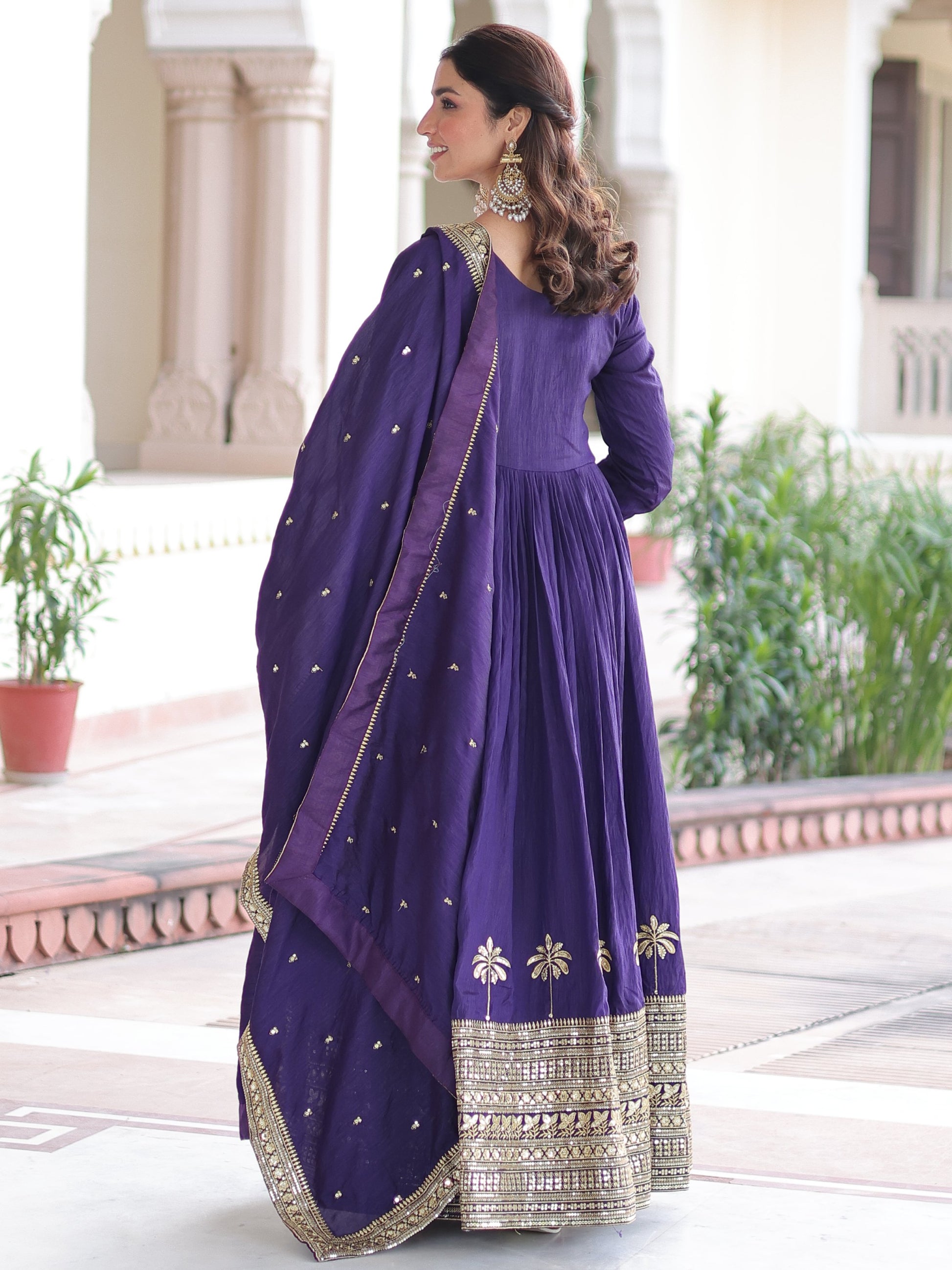 Awesome Purple Sequins Work Silk Festive Wear Gown With Dupatta