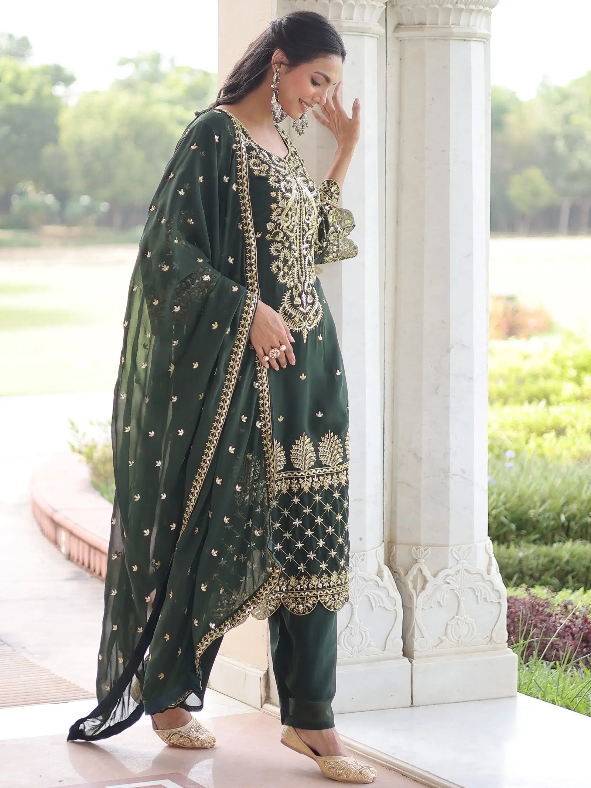 Wonderful Green Embroidered Georgette Mehendi Wear Pant Suit