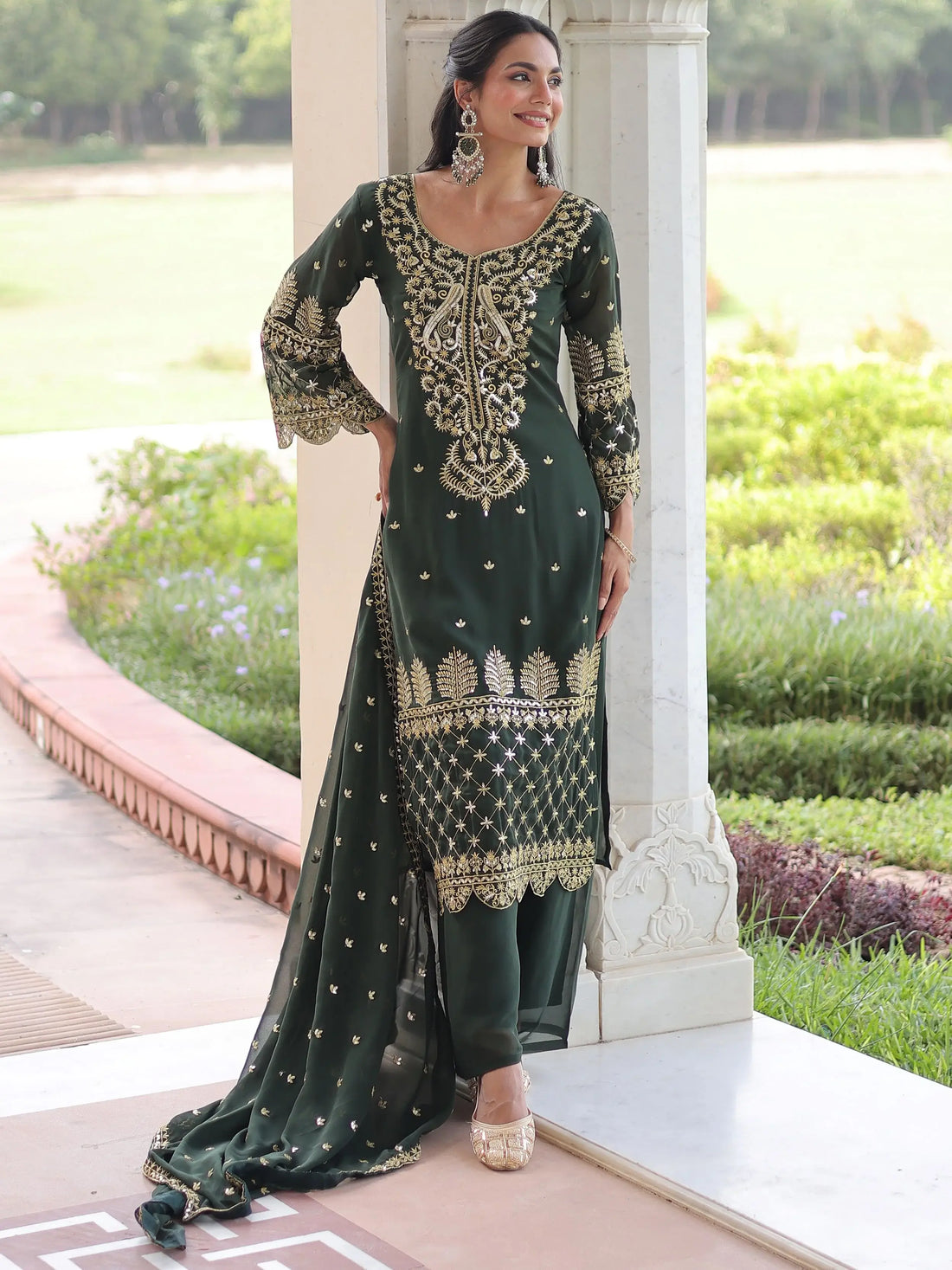 Wonderful Green Embroidered Georgette Mehendi Wear Pant Suit