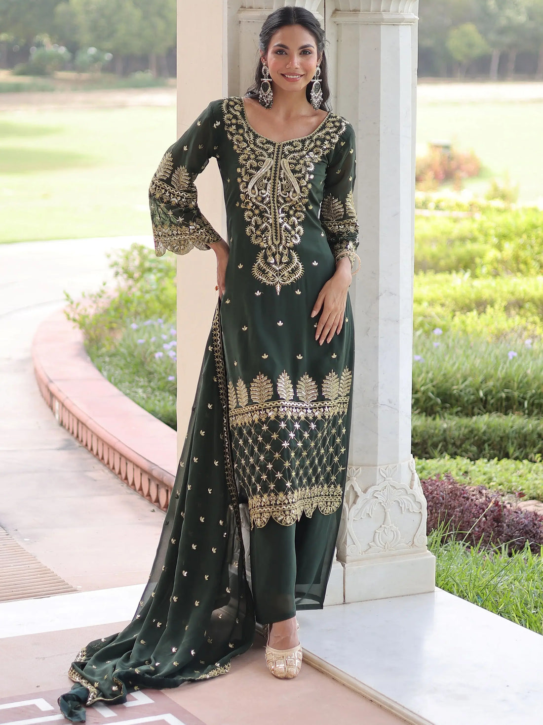 Wonderful Green Embroidered Georgette Mehendi Wear Pant Suit