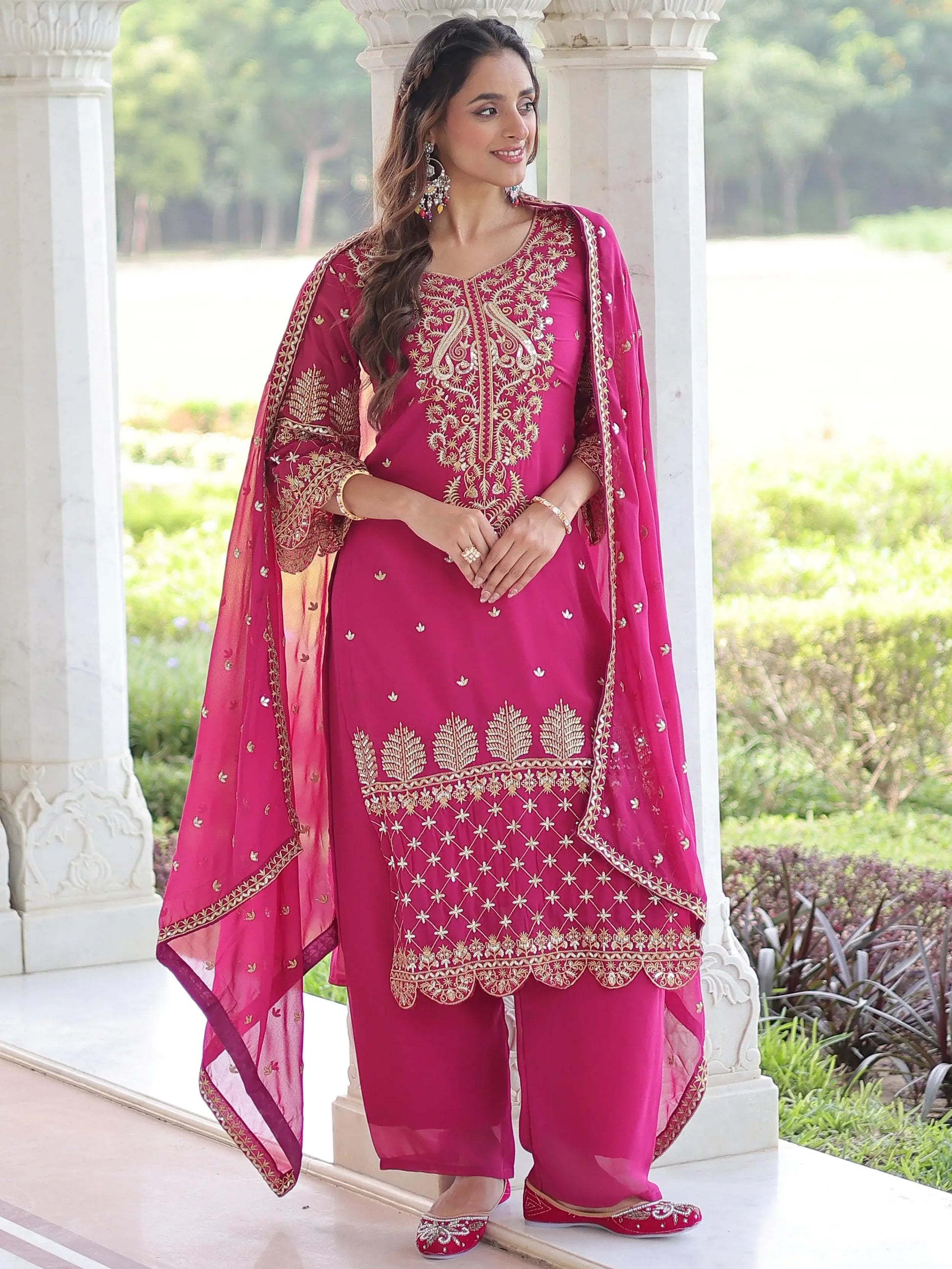Graceful Pink Sequins Work Georgette Festive Wear Pant Suit