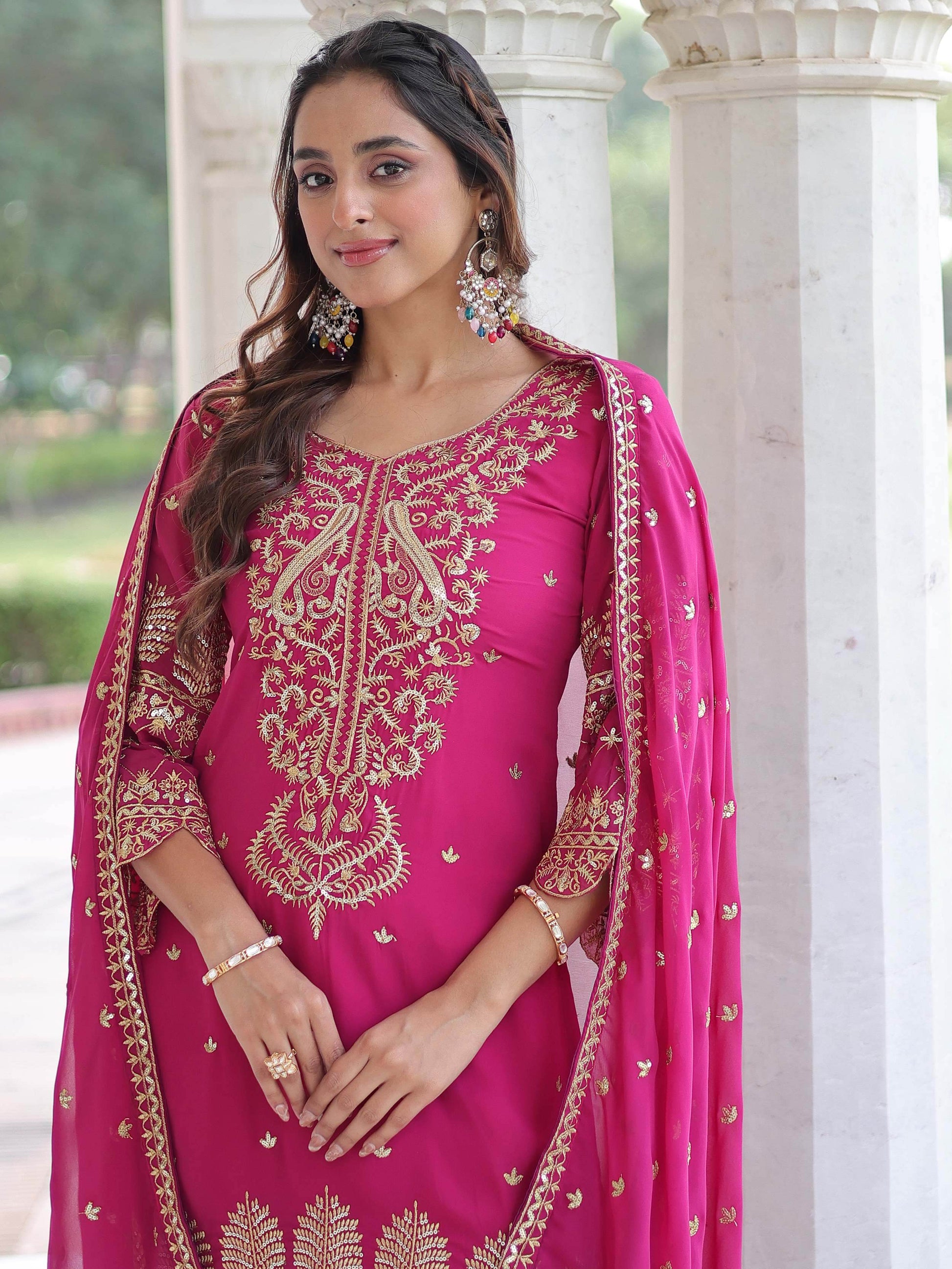 Graceful Pink Sequins Work Georgette Festive Wear Pant Suit