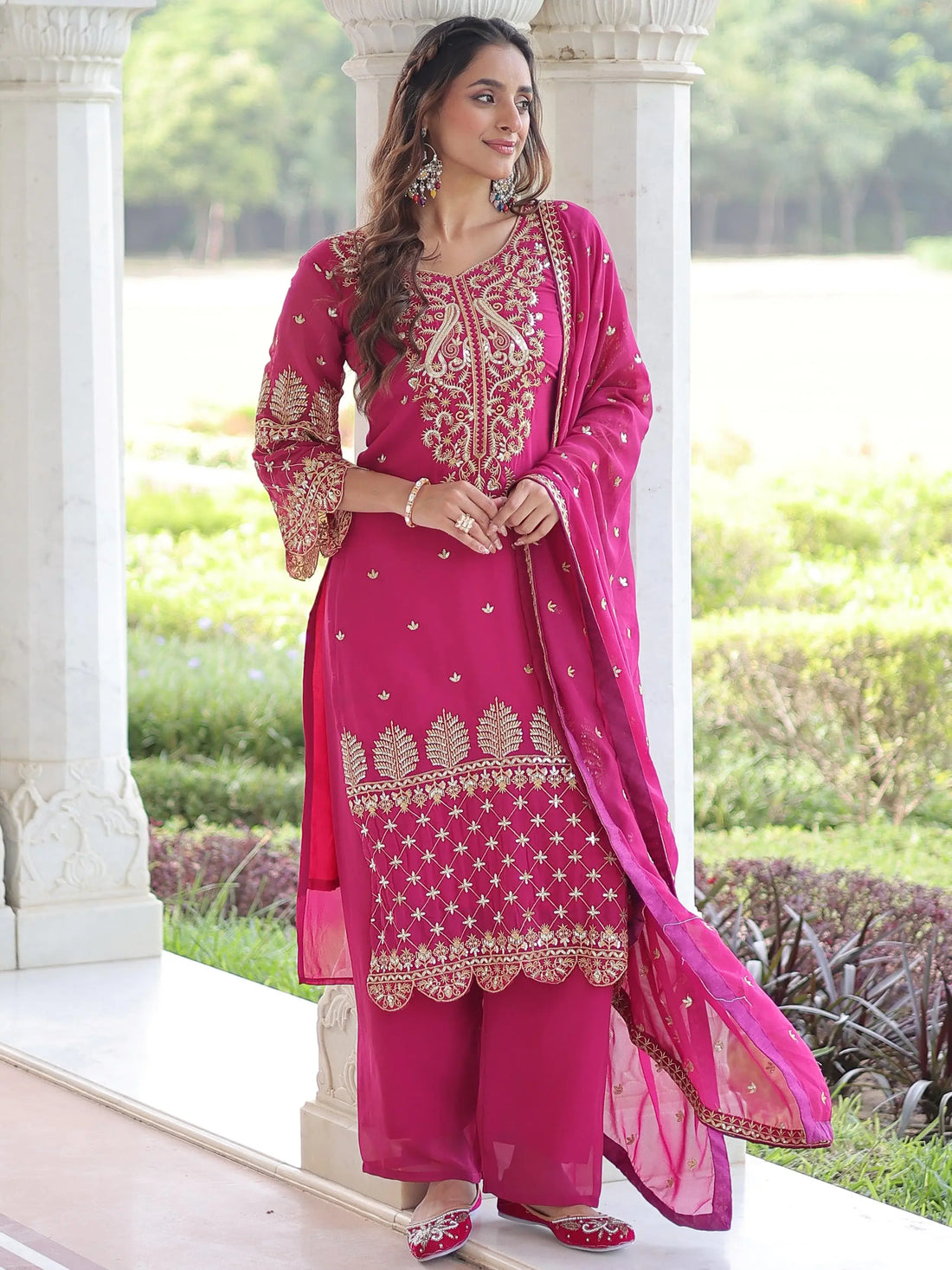 Graceful Pink Sequins Work Georgette Festive Wear Pant Suit