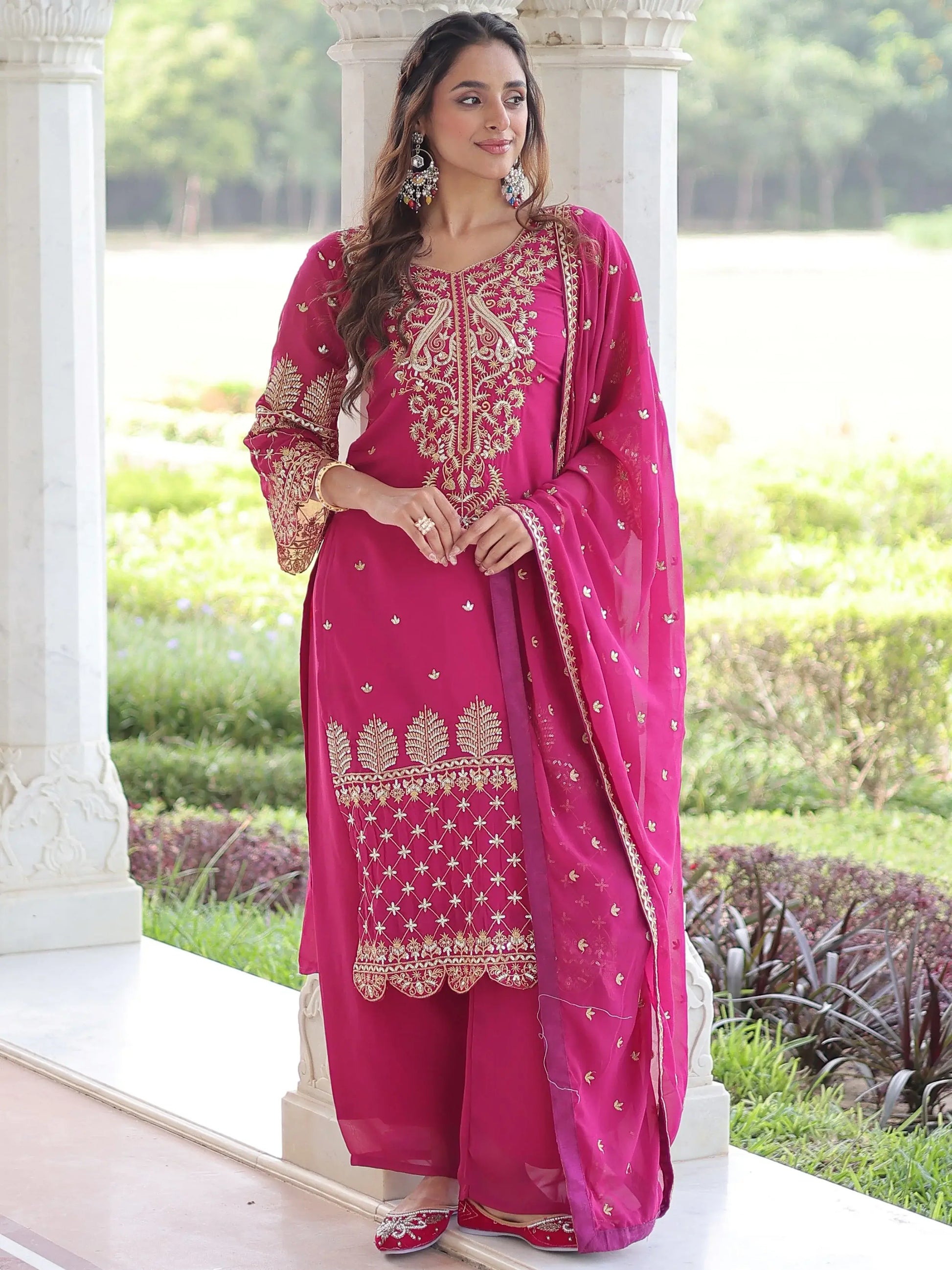 Graceful Pink Sequins Work Georgette Festive Wear Pant Suit