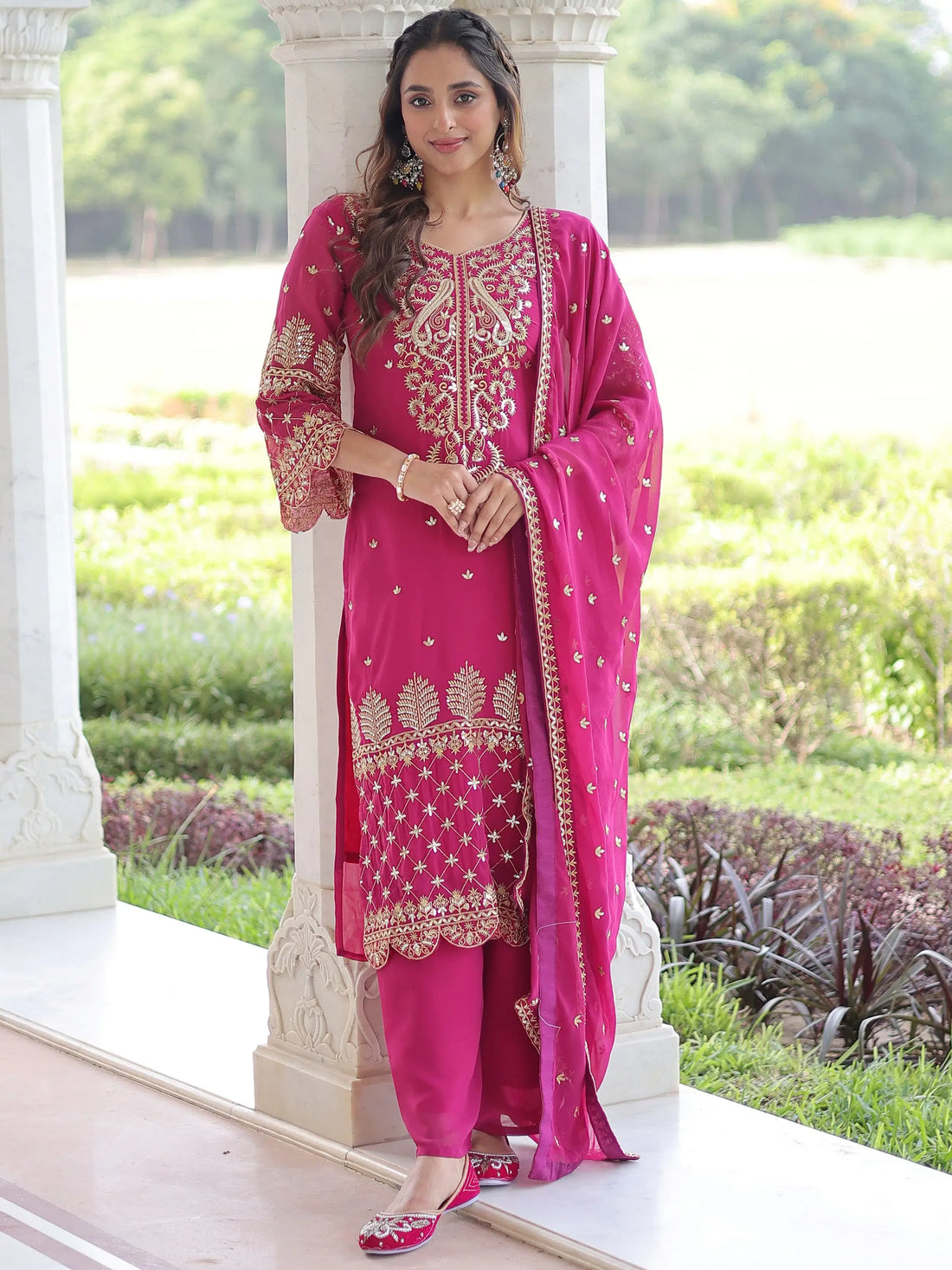 Graceful Pink Sequins Work Georgette Festive Wear Pant Suit
