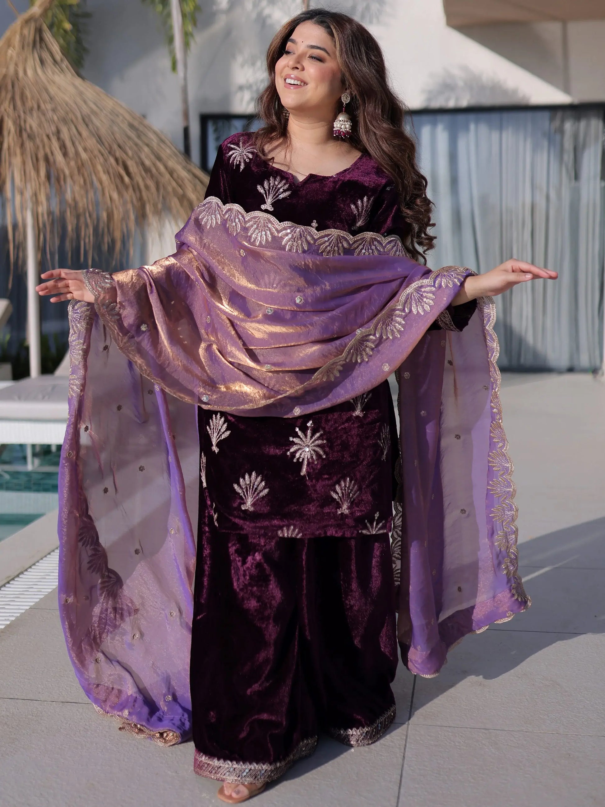 Glorious Wine Zari Embroidery Velvet Wedding Wear Palazzo Suit With Dupatta