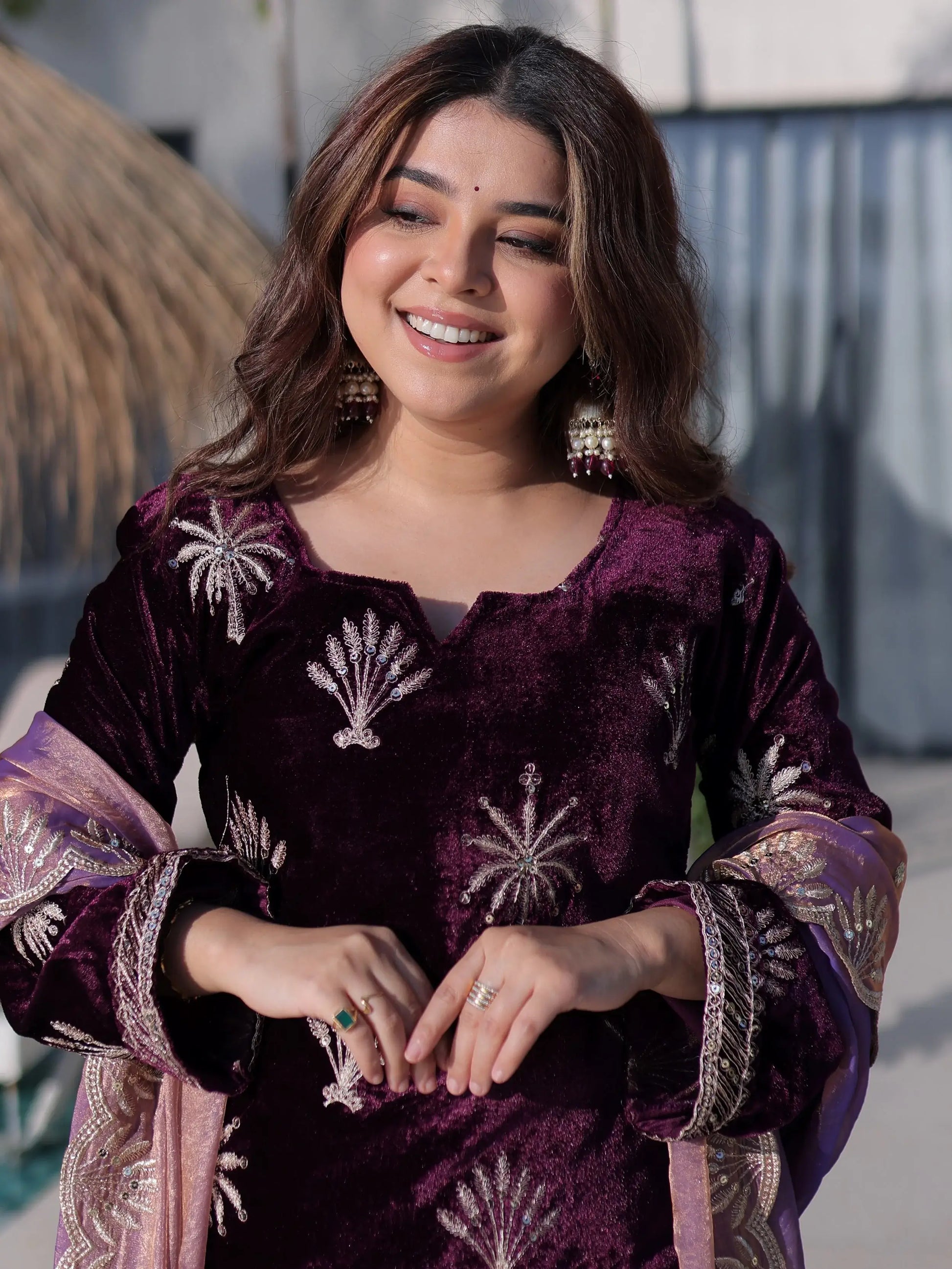 Glorious Wine Zari Embroidery Velvet Wedding Wear Palazzo Suit With Dupatta