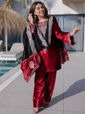 Incredible Red Zari Work Velvet Festive Wear Pant Suit With Dupatta