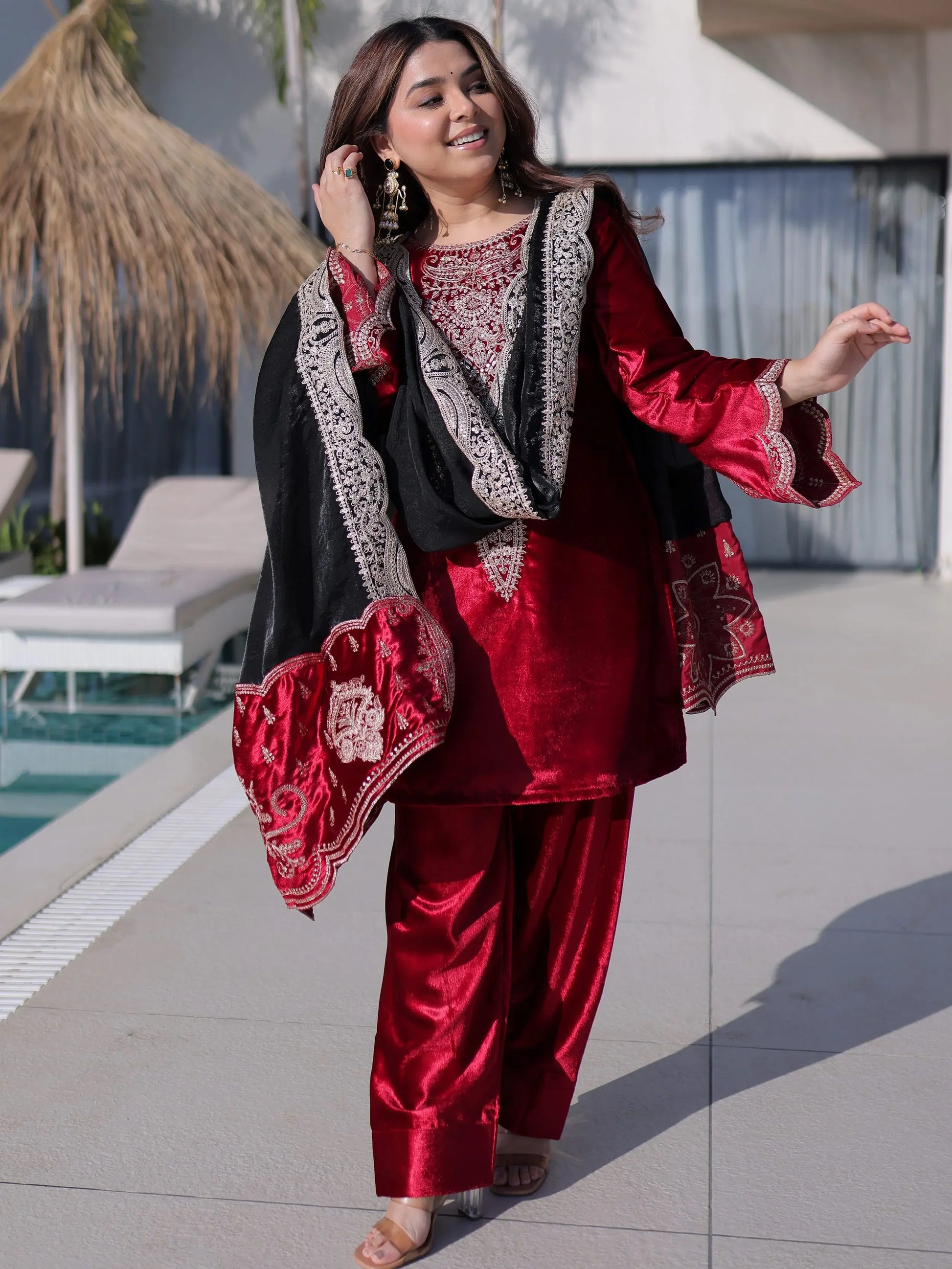 Incredible Red Zari Work Velvet Festive Wear Pant Suit With Dupatta