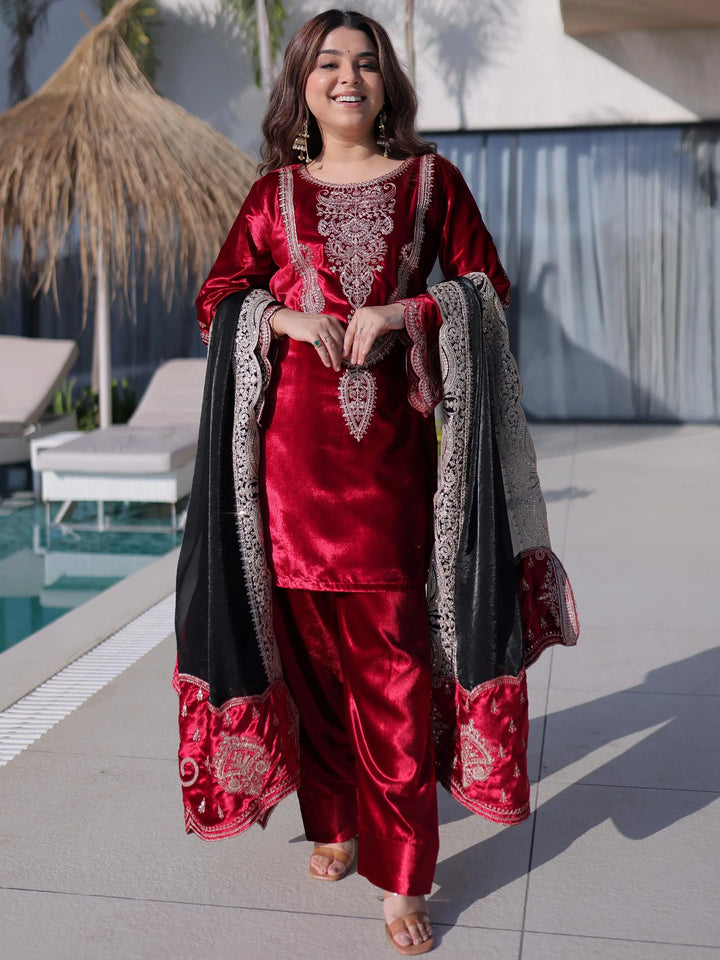 Incredible Red Zari Work Velvet Festive Wear Pant Suit With Dupatta
