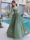 Gorgeous Green Beads Work Velvet Mehendi Wear Gown