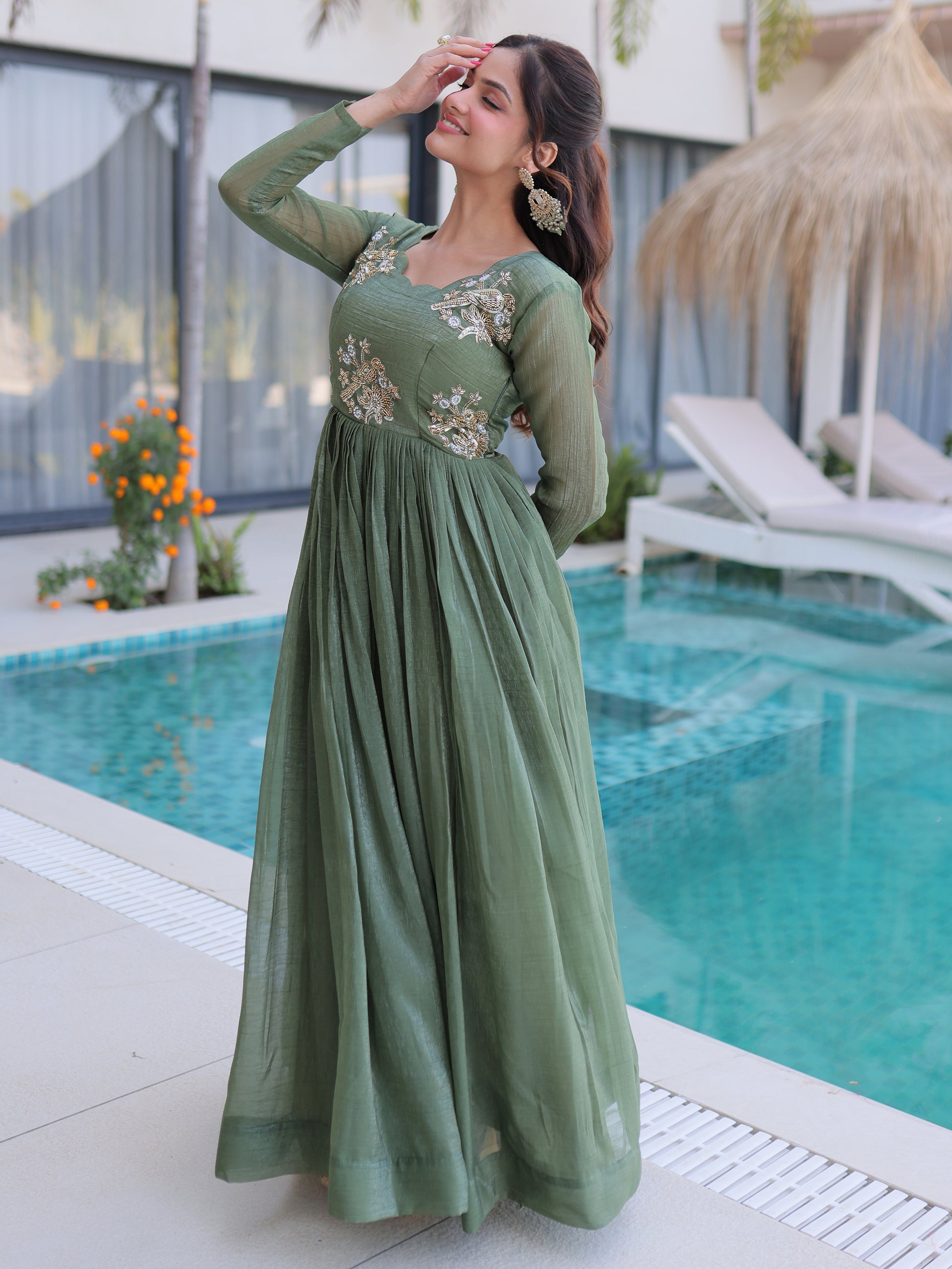 Gorgeous Green Beads Work Velvet Mehendi Wear Gown