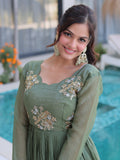 Gorgeous Green Beads Work Velvet Mehendi Wear Gown