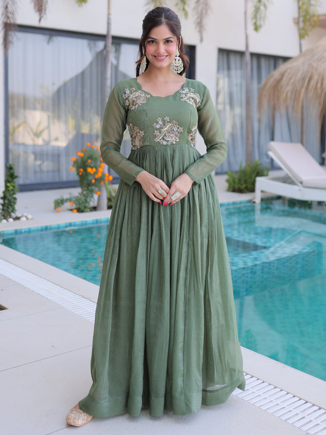 Gorgeous Green Beads Work Velvet Mehendi Wear Gown
