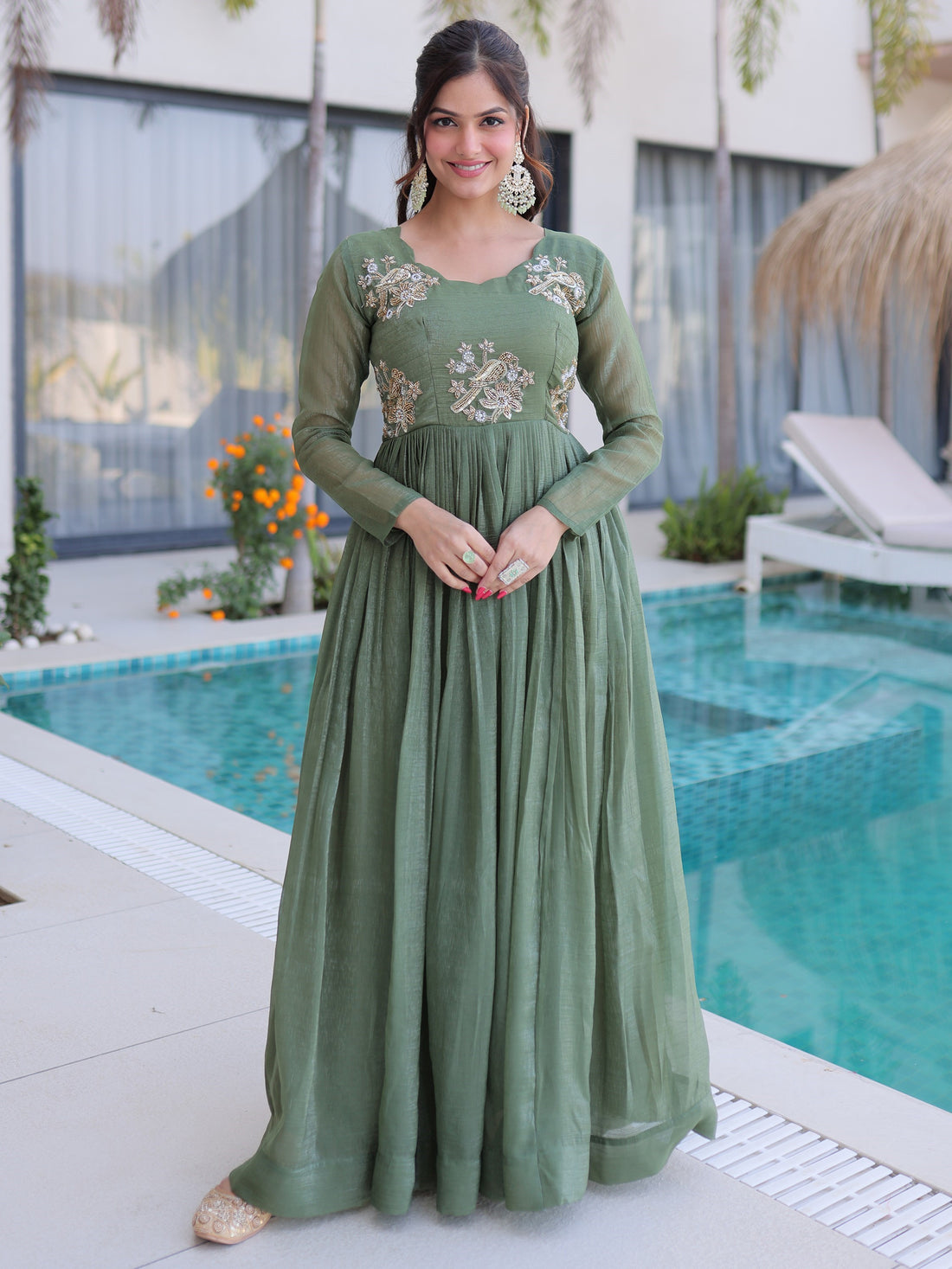 Gorgeous Green Beads Work Georgette Mehendi Wear Gown