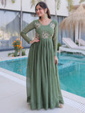 Gorgeous Green Beads Work Velvet Mehendi Wear Gown