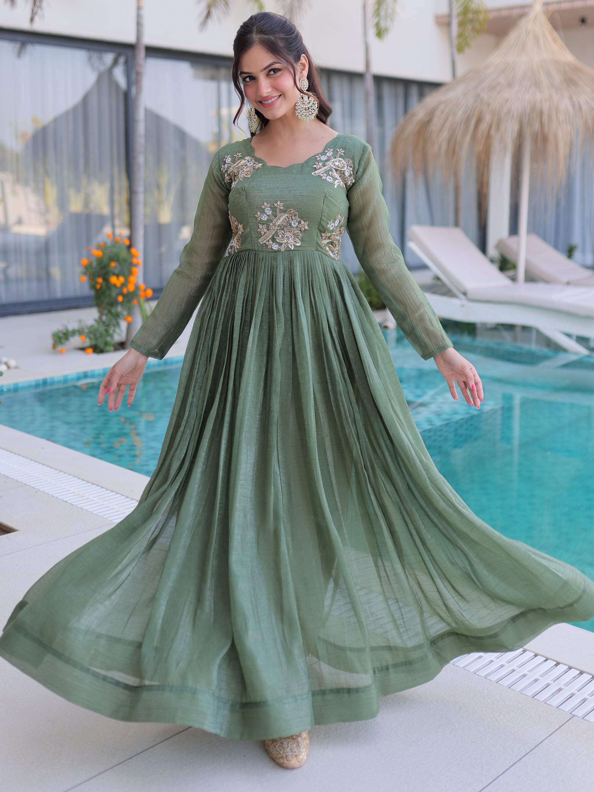Gorgeous Green Beads Work Velvet Mehendi Wear Gown