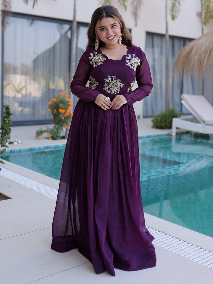 Bewitching Purple Beads Work Georgette Engagement Wear Gown