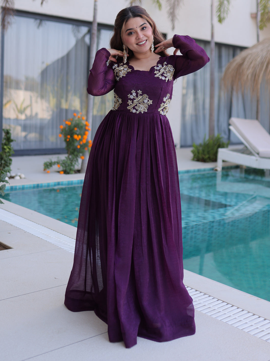 Bewitching Purple Beads Work Velvet Engagement Wear Gown